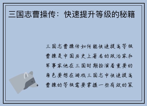 三国志曹操传：快速提升等级的秘籍